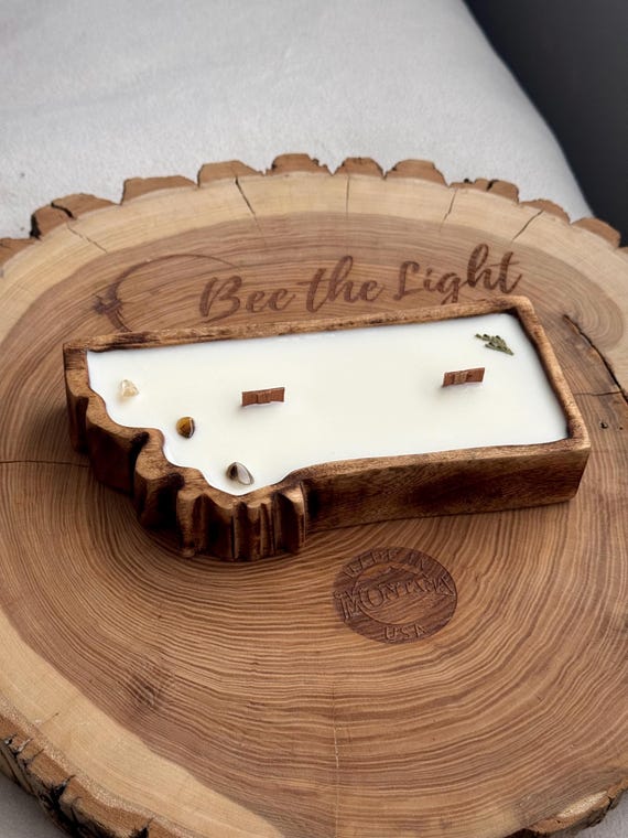 Montana Shaped Wood Bowl Candle | 8 oz Soy & Beeswax Candle | Handmade Montana Gift | Crackling Wood Wick