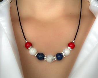 Patriotic Beaded Necklace: Red Turquoise, Lapis, and Howlite