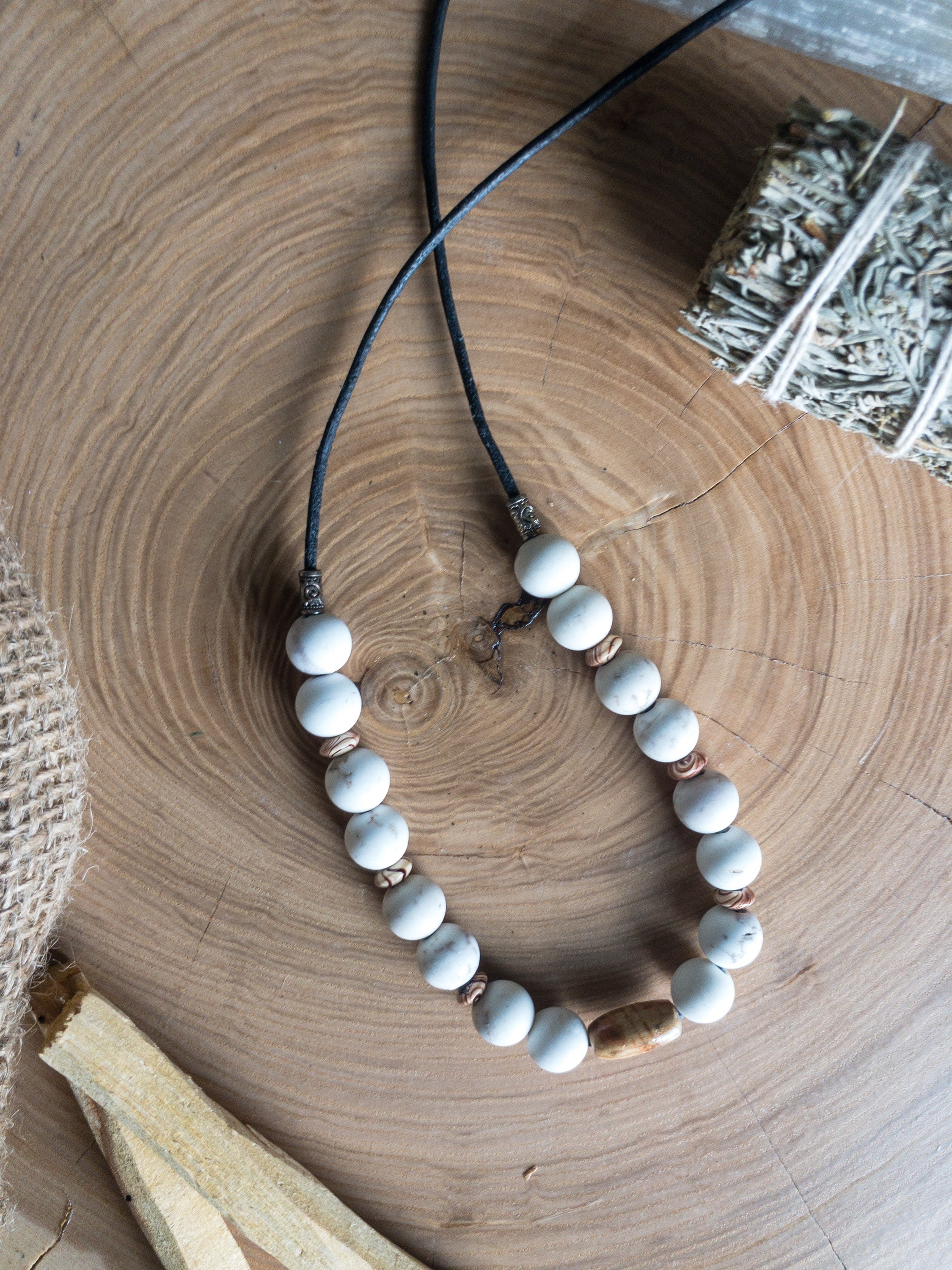 White Opal Beaded Leather Necklace: Tibetan Silver Accents