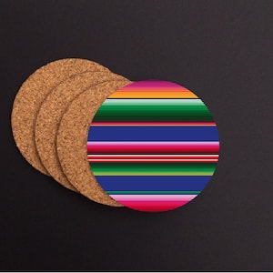 May include: Set of four cork coasters with a colorful striped design. The coasters feature a pattern of red, orange, yellow, green, blue, and pink stripes.