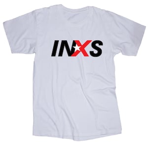 May include: White t-shirt with a black and red INXS logo. The "X" is red with a white star in the center.