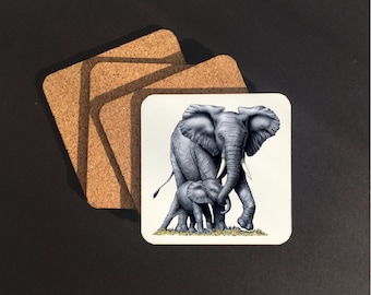 4 set of Elephant Drink Coasters, Elephant Coasters, Elephant Table Coasters, Elephant Gifts, Table Coasters, Elephant Prints, Elephant Art
