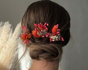 Terracotta dried flower hair pins Fall floral hair pins Orange pink hair piece Autumn hair piece Wedding hair pins Bridal hair piece Natural