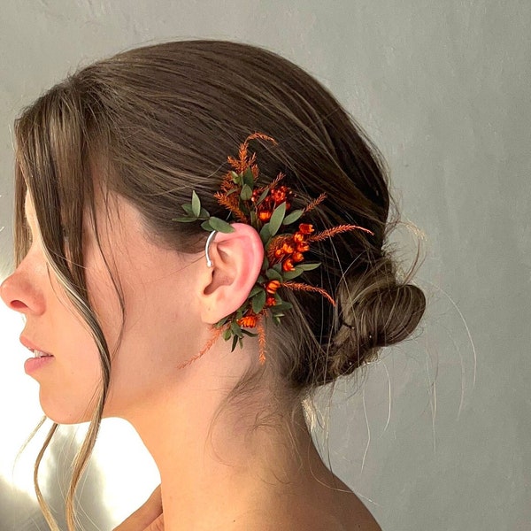 Ear Cuff Earrings dried flower hair pins Bridal Ear Climber TERRACOTTA bridal earrings Wedding Ear wrap Leaf ear cuff Elf bridal accesory