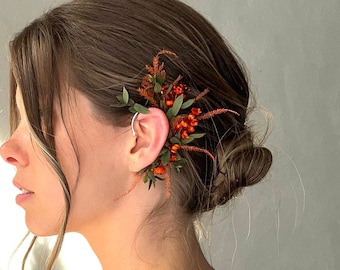 Ear Cuff Earrings dried flower hair pins Bridal Ear Climber TERRACOTTA bridal earrings Wedding Ear wrap Leaf ear cuff Elf bridal accesory