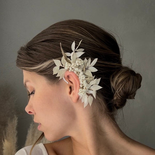 Flowers Ear Cuff Earrings dried flower hair pins Flower Ear Climber White bridal earrings Wedding Ear wrap Leaf ear cuff Elf bridal accesory