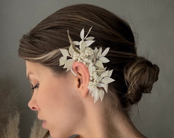 Flowers Ear Cuff Earrings dried flower hair pins Flower Ear Climber White bridal earrings Wedding Ear wrap Leaf ear cuff Elf bridal accesory