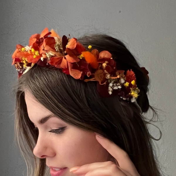 Couronne en terre cuite Bandeau de fleur de rouille Couronne de fleurs séchées Casque d'hortensia Diadème de mariage d'automne Couronne de fleurs Accessoire de mariage bohème d'automne