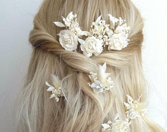 Bridal flower hair pins White ivory Boho Bridal hair clips Wedding Flower hairpins Bridal hair accessories Dried flower hairpiece Rose