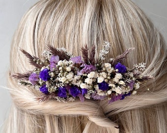 Rustic wedding accessory Dried flower hair Comb Flower bracelet Boutanniere Bohemien bridal hair accessory Purple hair comb Lavender