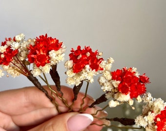 Burgundy flower hairpins Bridal hair pins White red hair pins Hair accessories Dried flower hair pins Flower girlhair accessory Bohemian