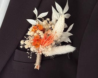 Rustic Orange wedding dried flower boutonniere Burnt Terrracotta grooms buttonhole groomsmen accessories boho Ivory orange buttonhole Florl