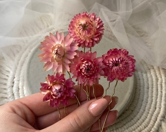 Dried flower hair pins Strwflowers hairpiece Dry flower hair accessory Boho Rustic headpiece Bridal hairpiece Light pink floral pins Wedding