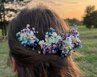 Épingles à cheveux de fleurs séchées Épingles à cheveux de fleur de mariage Boho blanc bleu Boutonnière bleue Morceau de cheveux Boho Accessoire de fleur séchée Quelque chose de bleu