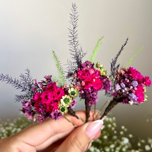 Colorful hair pins Pink Purple hair clips Fuchsia violet wedding hair accessory Magenta flower hairpins  Romantic flower hair jewellery