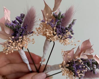 Purple dried flower hair pins Wedding hair piece Pink violet Bridal hair piece Bridal Dried flower hair pins Bridal hairstyle accessories
