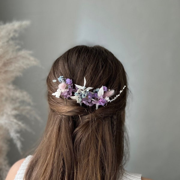 Purple dried flower hairpins Lilac dried hairpins Dried flower lilac headpiece Lavender hair piece White purple dried flower pin Boho white