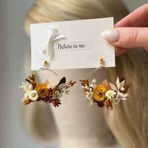 Boucles d'oreilles de mariée fleurs séchées Boucles d'oreilles créoles automne Boucles d'oreilles demoiselle d'honneur Boucles d'oreilles florales dorées Boucles d'oreilles demoiselle d'honneur pendantes