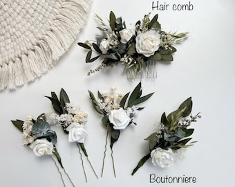 Eucalyptus rose hair comb Greenery Rose Hair pins Off White rose Hair piece Bridal flower hair pins Rose Boutonniere White & Green Hair comb