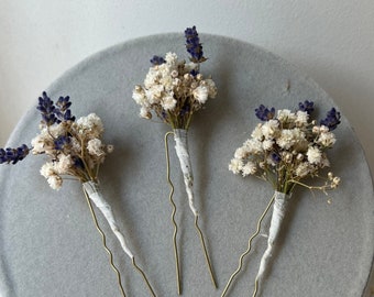 Lavender Blue hair pins Babys breath hair pins Gypsophila hair piece Dried flower hair accessory Rustic headpiece Boho wedding accessory L