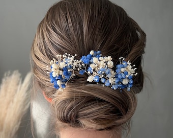 Horquillas para el cabello de flores secas azules Algo azul Pieza para el cabello de boda Algo azul Horquillas para el cabello de flores nupciales Accesorios para el peinado nupcial Playa