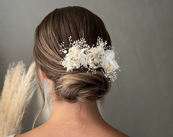 Épingles à cheveux de mariée fleur blanche, fleur séchée, accessoire de cheveux, gypsophile, hortensia, coiffe de fleurs, épingles à cheveux de fille de fleur, épingles à cheveux de demoiselle d'honneur