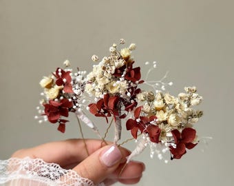 RUST Bridal flower hair pins White terracotta bohemian hair clips Wedding Flower hairpins Bridal hair accessories Dried flower hairpiece