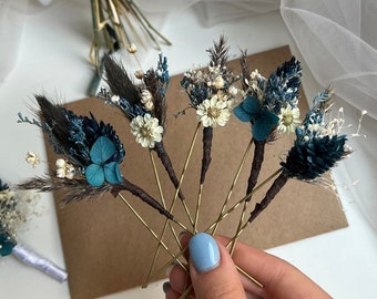 Blue flower hair pins Dry flower headpiece Boho blue wedding Accessories Natural flower boutonnière Bridal bouquet Bridesmaid bouquet Blue