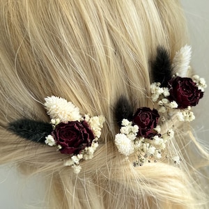 Burgundy Red Rose Wedding dried flower hair pins Bridal hair accessories boho floral hair clip Black Gothic hair piece Black Red hair pins