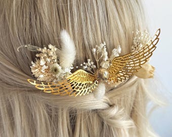 Pieza de pelo de snitch dorada Pieza de pelo de flores secas Peineta de alas doradas mágicas Pieza de pelo de flor de marfil Boutonniere Accesorio para el pelo de boda HP