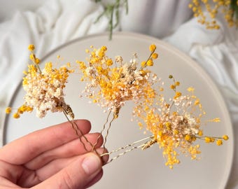 Summer wedding dried flower hair pins, yellow orange boho Bride accessories floral clips Dried Yellow Gypsophila Hair Pin, Boho Wedding