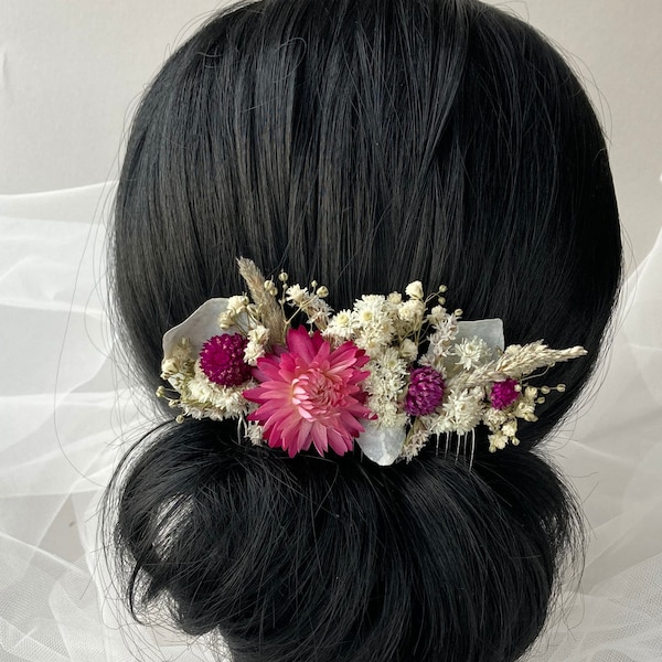 Dried flower hair comb Fuchsia pink Dried flower hair accessory Rustic floral headpiece Summer wedding  accessory Wedding flower hairpiece