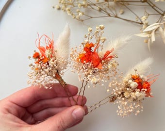 Dried Flower Hair Pins Teraccotta wedding hair accessory Fall Wedding Hair Piece Rustic Boho Orange hair pins Terracotta boutonniere Corsage