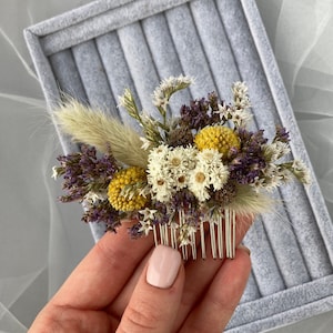 Yellow purple dried flower comb Bridal floral hair piece Dried flower hair accessory Rustic floral headpiece Boho dried flower comb Purple