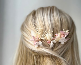 Wedding hair pins Bridal hair piece Dried flower hair accessory White & Pink hair pins  Boho flower hair pins Bridesmaid hair pins Bohemian
