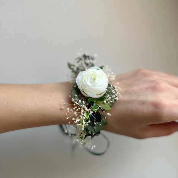 Eukalyptus Blume Armband Brautjungfer Armband grüne und weiße Blume Schmuck Wald Hochzeit Accessoire rustikale Armband Braut