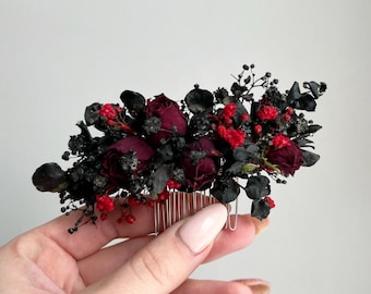 Black gothic wedding hair piece Black Red bouquet Red black wedding bridal flower hair pins Black dried flowers hair comb Gothic wedding