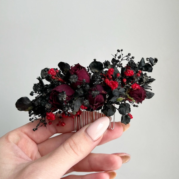 Black gothic wedding hair piece Black Red bouquet Red black wedding bridal flower hair pins Black dried flowers hair comb Gothic wedding