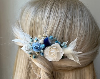 Pettine per capelli blu polveroso Pettine blu oceano Pezzo per capelli da sposa Qualcosa Fiore blu Pezzo per capelli Pezzo per capelli rosa bianca Matrimonio al mare Damigella d'onore