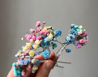 Arcobaleno Forcine per capelli con fiori secchi LGBT Accessori per capelli da sposa Fermagli per capelli con fiori Blu rosa Pezzo Yellowhair Forcine per capelli Boho Primavera damigella d'onore