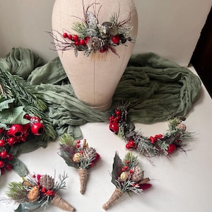 Christmas hair pice Winter red crown Red berry christmas tree Hair piece Bridal greenery pins Christmas boutonniere Christmas crown Winter