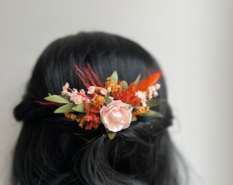 Terracotta Pink bridal comb Dusty rose wedding headpiece Brunt Hair accessory Dried flower hair pins Boho Orange Bridal hair clips Boho