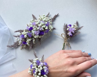 Accessoire de mariage rustique Peigne fleurs séchées Bracelet fleur Boutannière Bohème Accessoire cheveux de mariée Peigne violet lavande