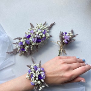 Accessoire de mariage rustique Peigne fleurs séchées Bracelet fleur Boutannière Bohème Accessoire cheveux de mariée Peigne violet lavande