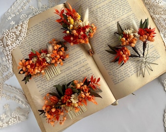 Horquillas de terracota Accesorio nupcial de otoño Peineta de flores Brunt Horquillas florales para boda Peine naranja Pinzas naranjas Postizo para el cabello de dama de honor