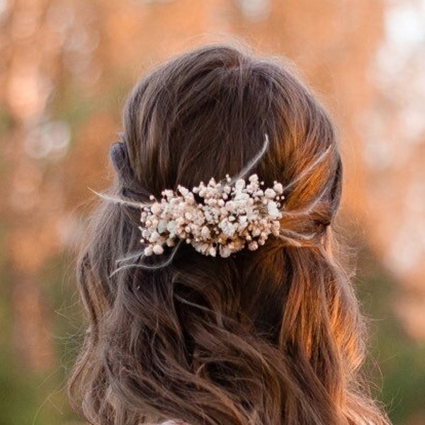 Bebés aliento peine del pelo Pieza de pelo Gypsophila Accesorio de pelo de flores secas Tocado floral rústico Pluma Boho peine de flores secas