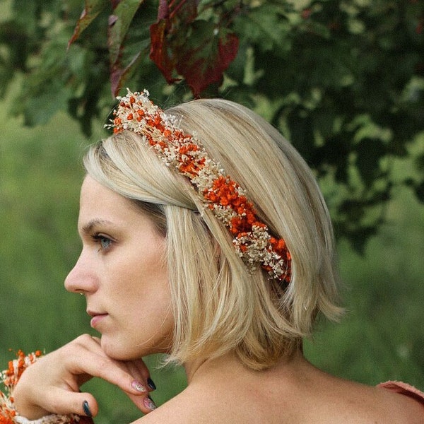 Terracotta flower hairpiece Burnt Orange crown Burgundy Terracotta wreath Dried flower crown Autumn wedding wreath Gypsophila crown Boho