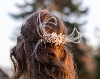 Peigne à cheveux en herbe de pampa mariage Boho accessoire de cheveux fleur séchée casque floral rustique plume fleur Boho peigne à fleurs séchées blanc