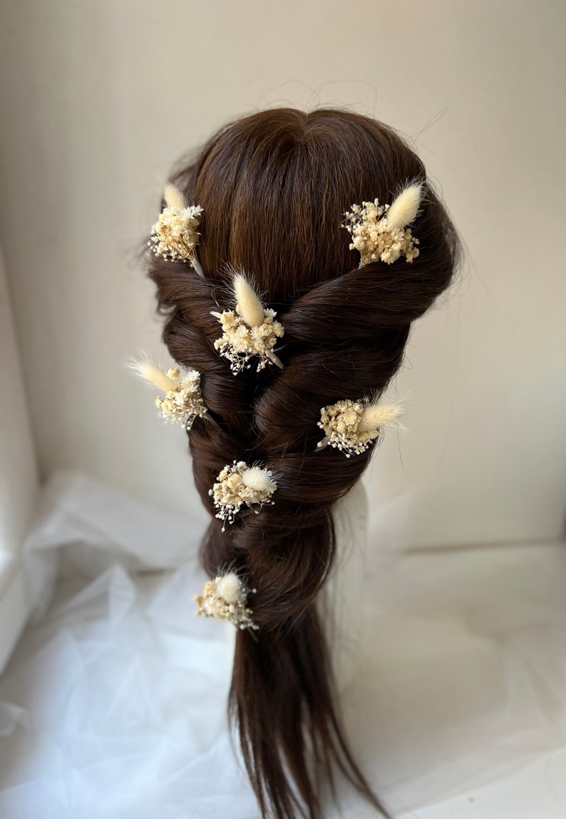 Épingles à cheveux fleurs séchées Boho blanc ivoire Épingles à cheveux fleurs de mariage Accessoires pour cheveux de mariée Postiche fleurs séchées Épingle à cheveux bohème herbe de pampa image 3