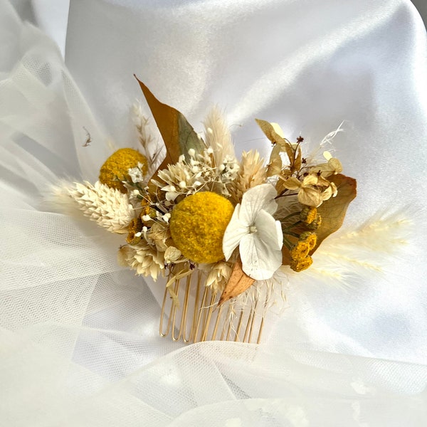 Yellow Flower hair comb Dried flowers hair comb natural and rustic yellow hairpiece country wedding floral bridesmaid comb wedding headpiece